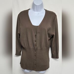 George Ladies L 12 / 14 Two piece Sweater & Tank Set Stretch Knit Taupe Brown